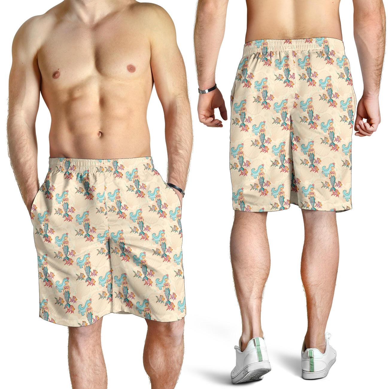 Mermaid Girl With Fish Design Print Mens Shorts-JTAMIGO.COM