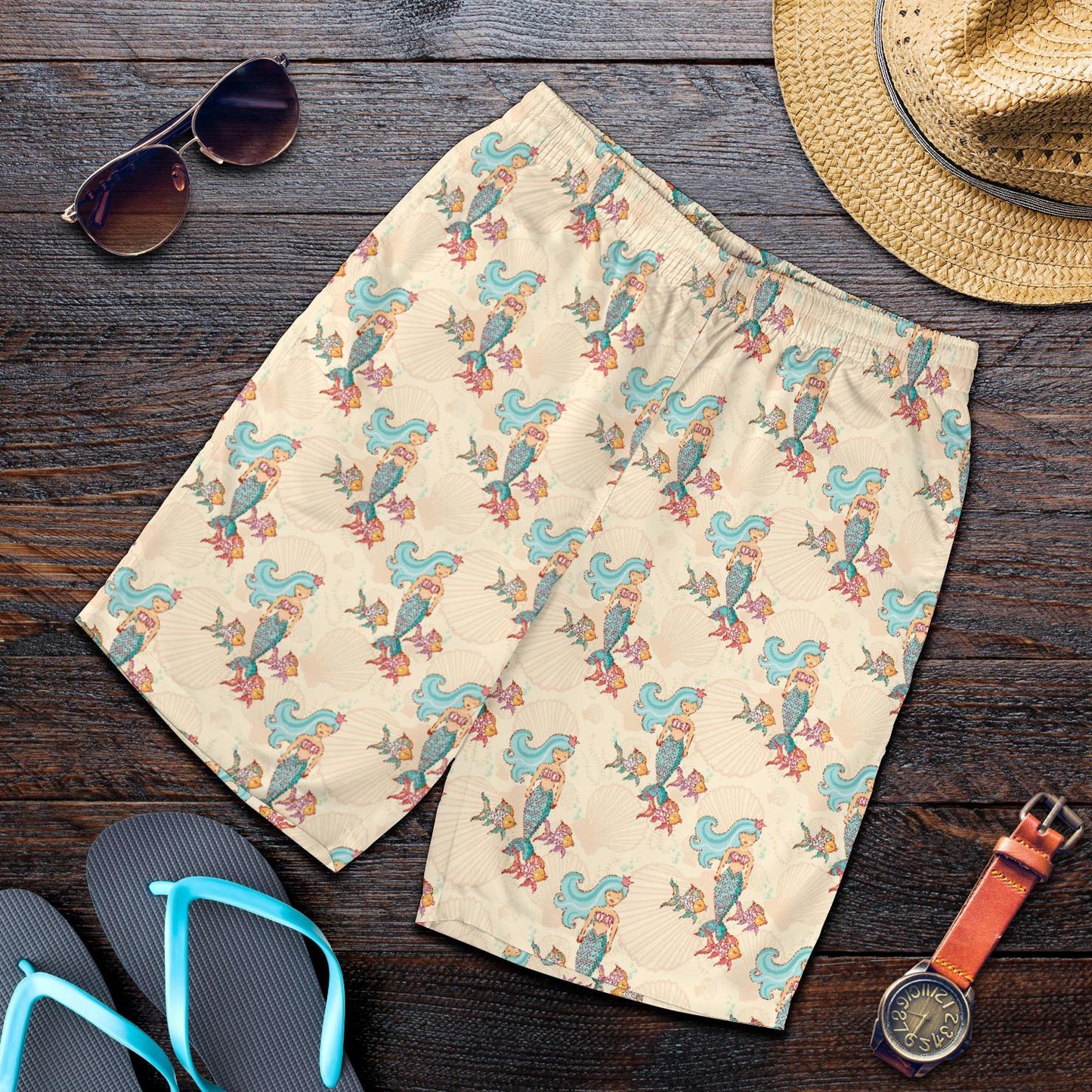 Mermaid Girl With Fish Design Print Mens Shorts-JTAMIGO.COM