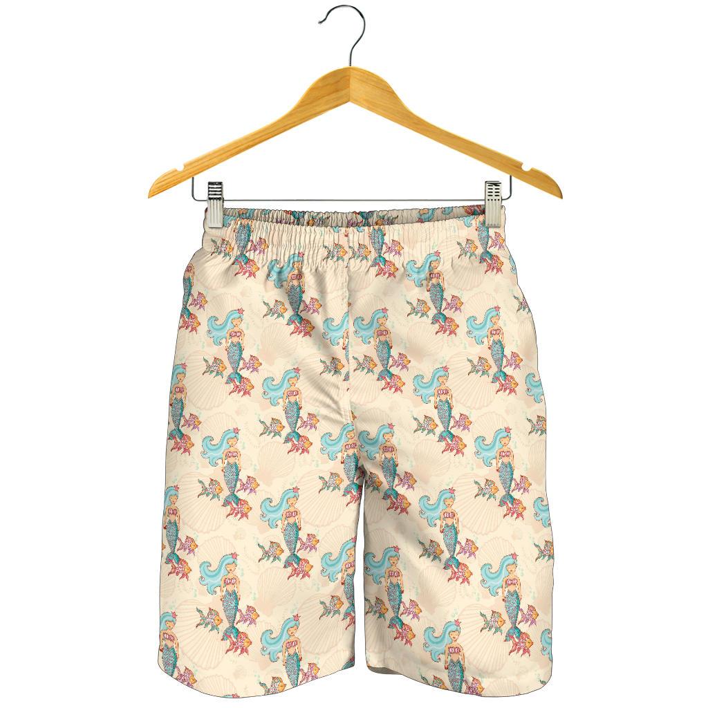 Mermaid Girl With Fish Design Print Mens Shorts-JTAMIGO.COM