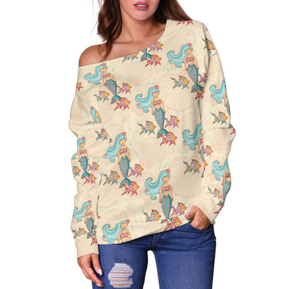 Mermaid Girl With Fish Design Print Off Shoulder Sweatshirt