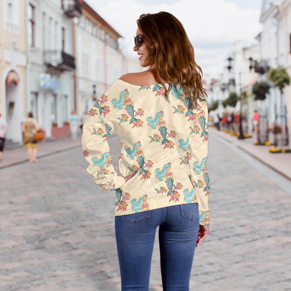Mermaid Girl With Fish Design Print Off Shoulder Sweatshirt