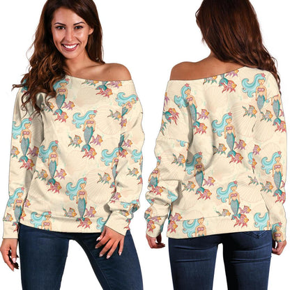 Mermaid Girl With Fish Design Print Off Shoulder Sweatshirt