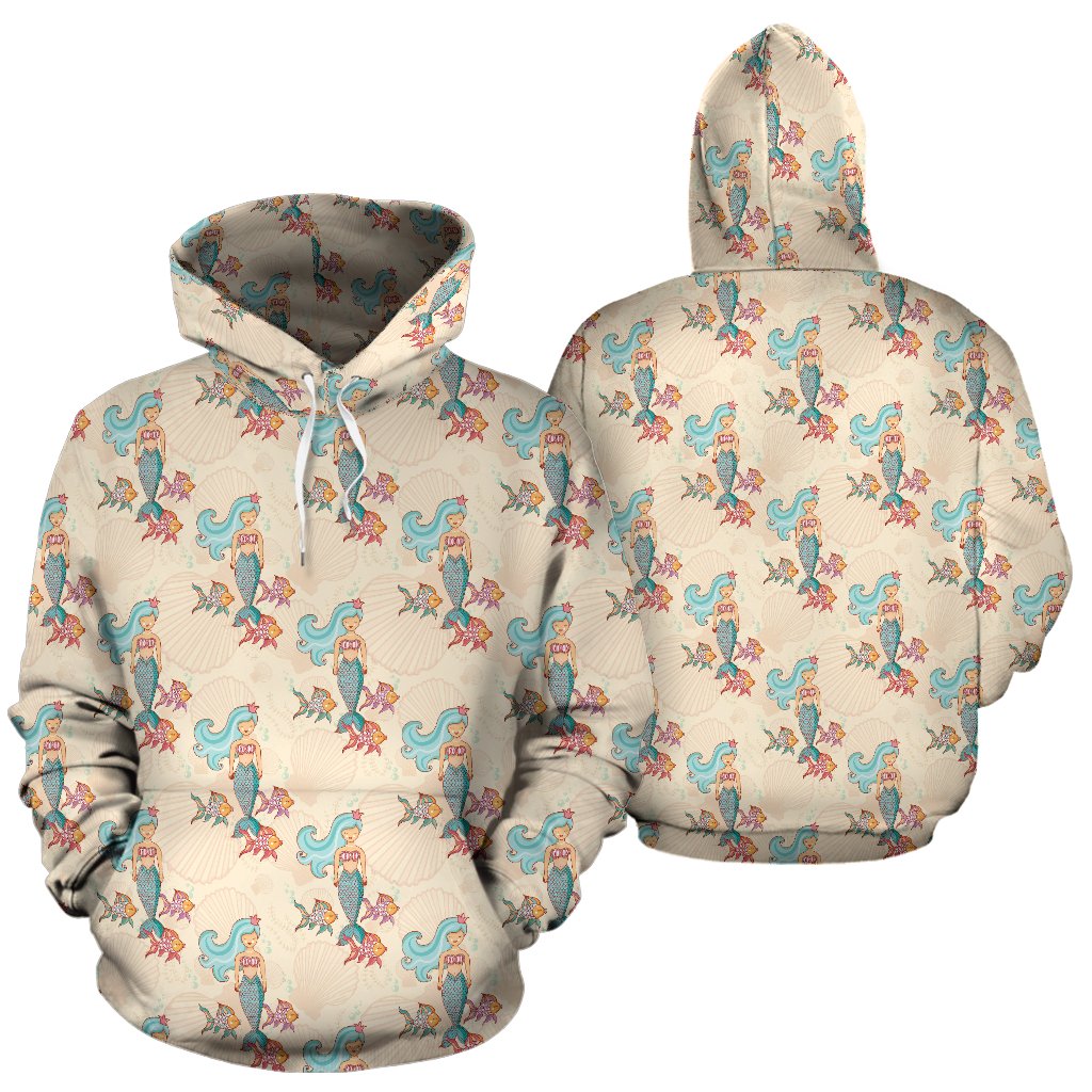 Mermaid Girl With Fish Design Print Pullover Hoodie