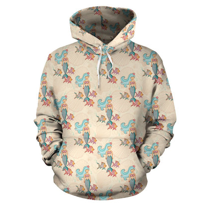 Mermaid Girl With Fish Design Print Pullover Hoodie