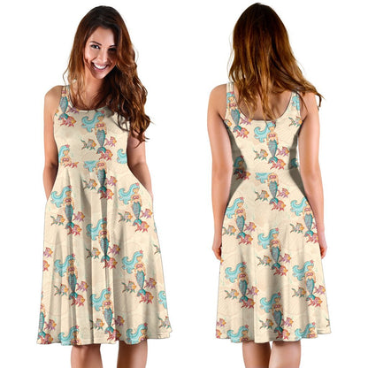 Mermaid Girl With Fish Design Print Sleeveless Dress