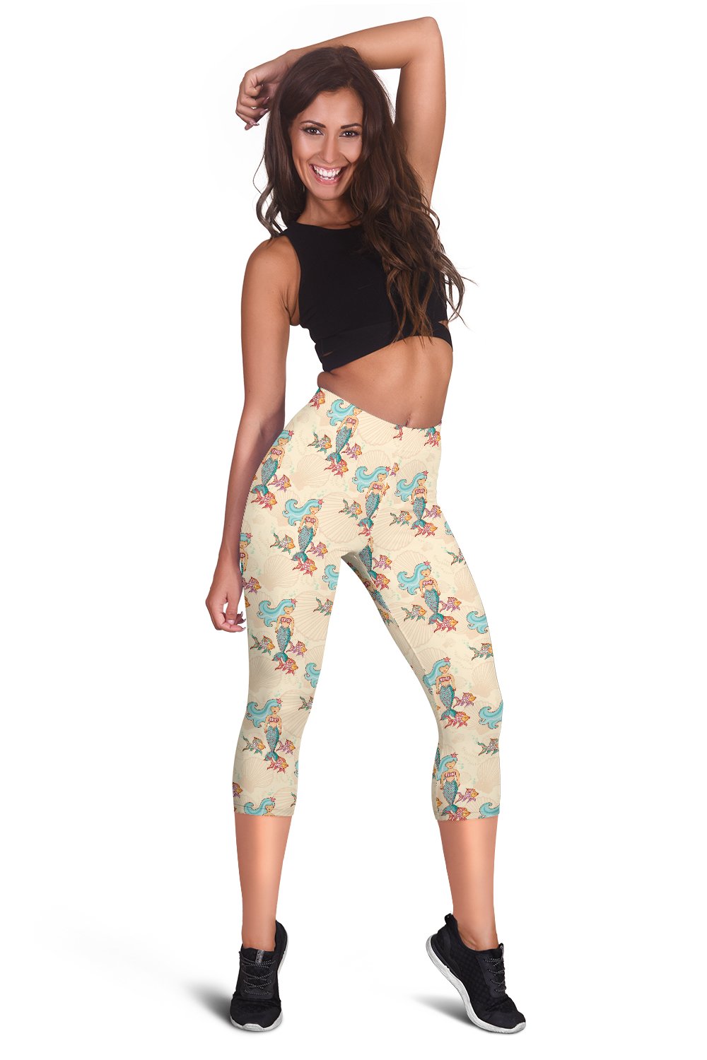 Mermaid Girl With Fish Design Print Women Capris