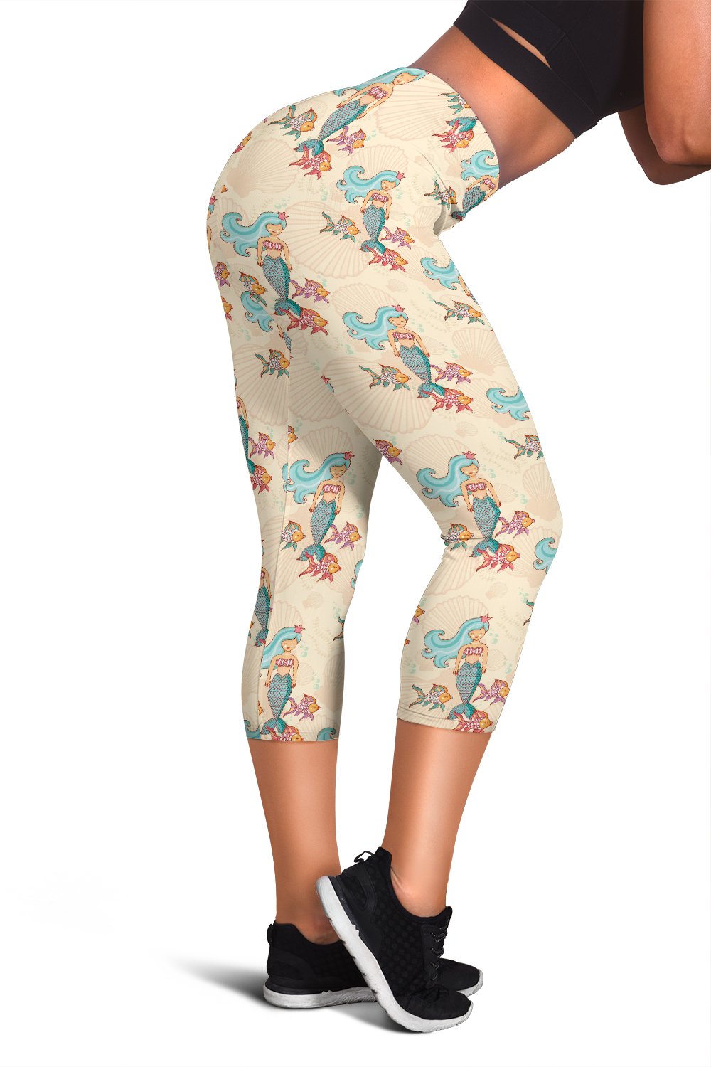 Mermaid Girl With Fish Design Print Women Capris