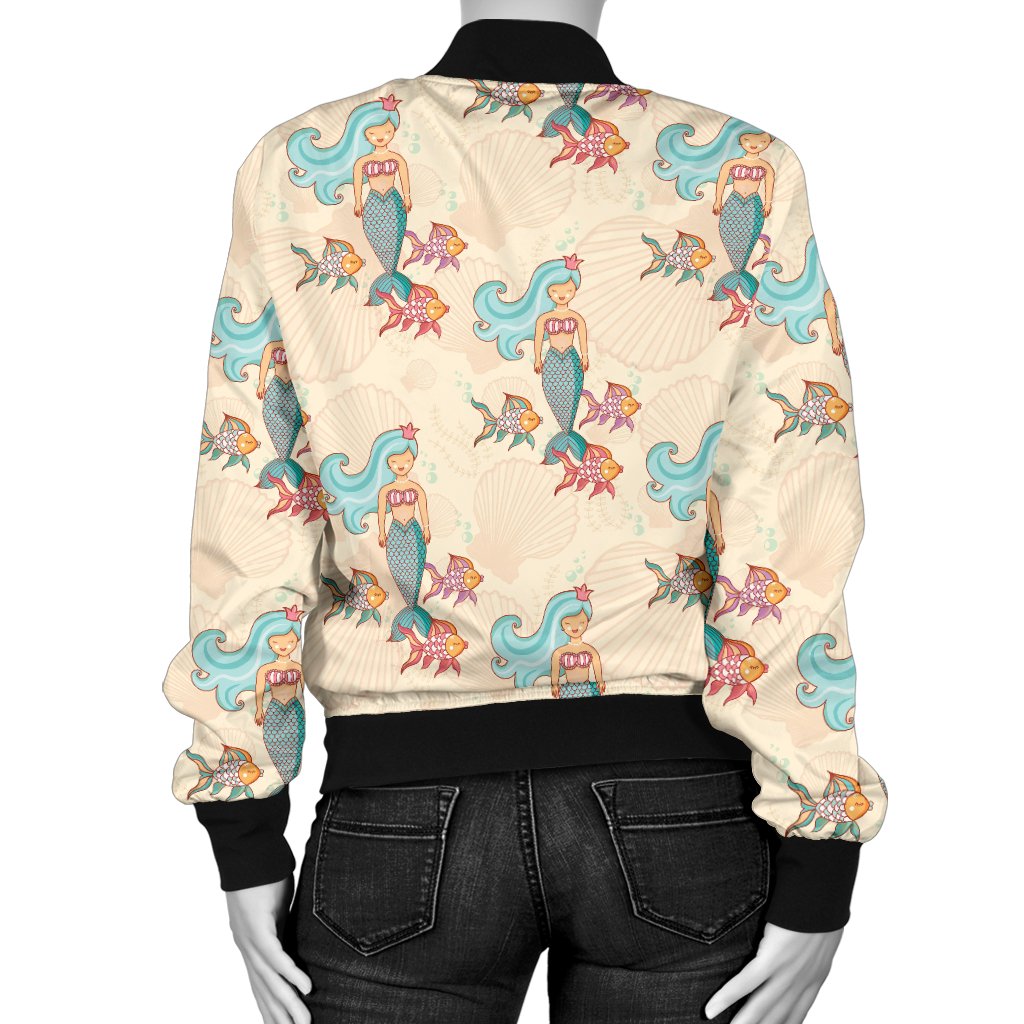 Mermaid Girl With Fish Design Print Women Casual Bomber Jacket