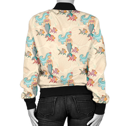 Mermaid Girl With Fish Design Print Women Casual Bomber Jacket