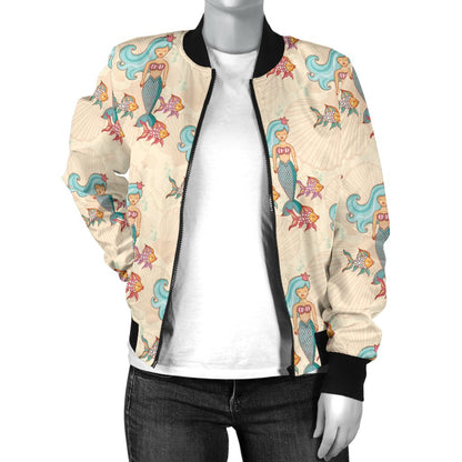 Mermaid Girl With Fish Design Print Women Casual Bomber Jacket