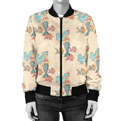 Mermaid Girl With Fish Design Print Women Casual Bomber Jacket