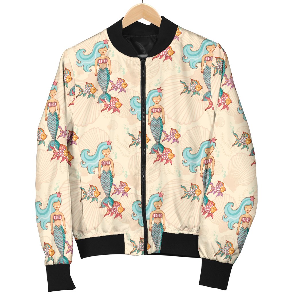 Mermaid Girl With Fish Design Print Women Casual Bomber Jacket
