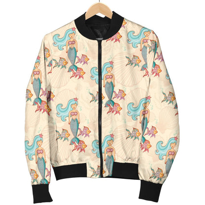 Mermaid Girl With Fish Design Print Women Casual Bomber Jacket