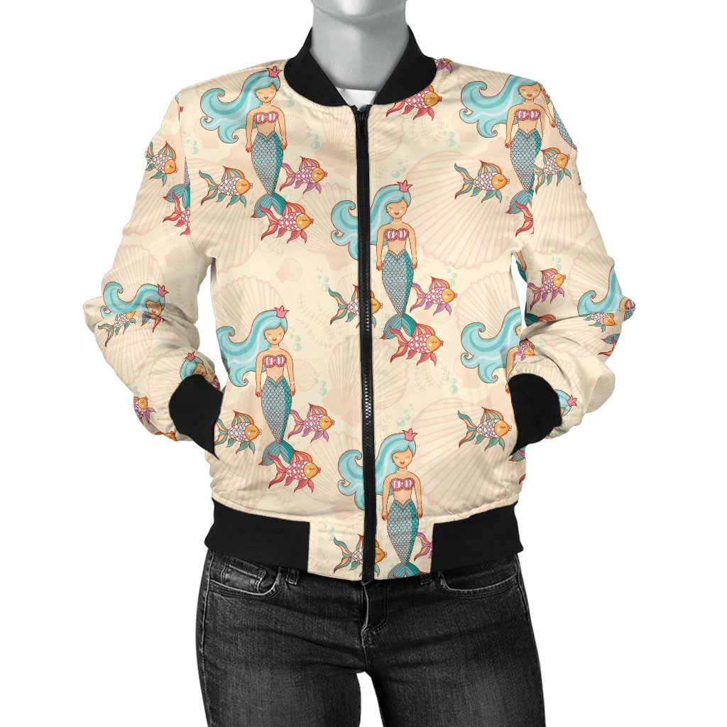 Mermaid Girl With Fish Design Print Women Casual Bomber Jacket