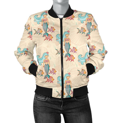 Mermaid Girl With Fish Design Print Women Casual Bomber Jacket