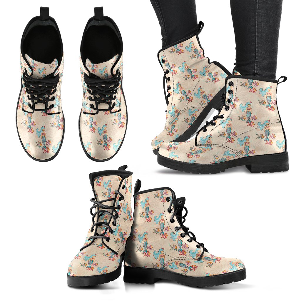 Mermaid Girl With Fish Design Print Women Leather Boots-JTAMIGO.COM