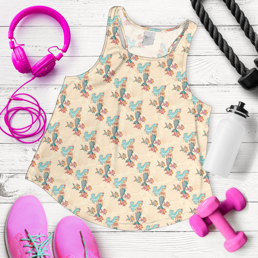 Mermaid Girl With Fish Design Print Women Racerback Tank Top