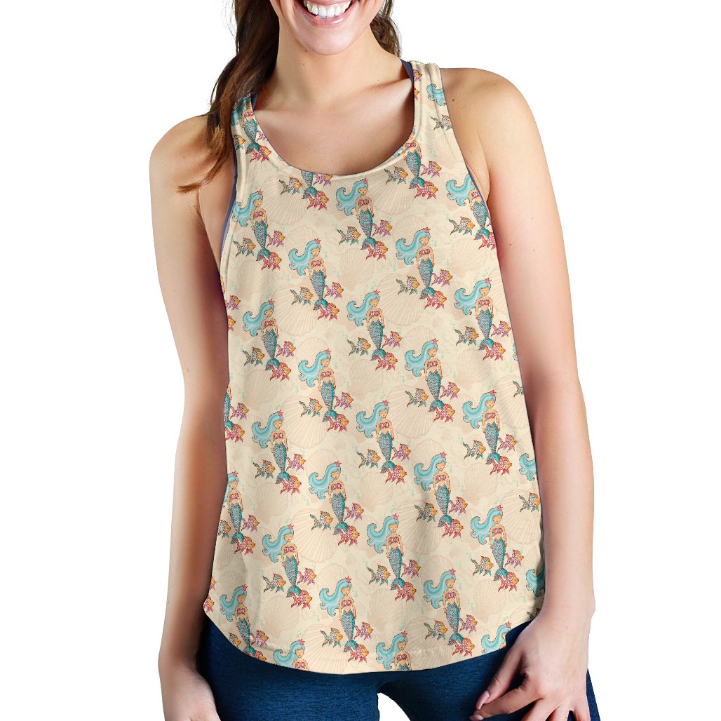 Mermaid Girl With Fish Design Print Women Racerback Tank Top