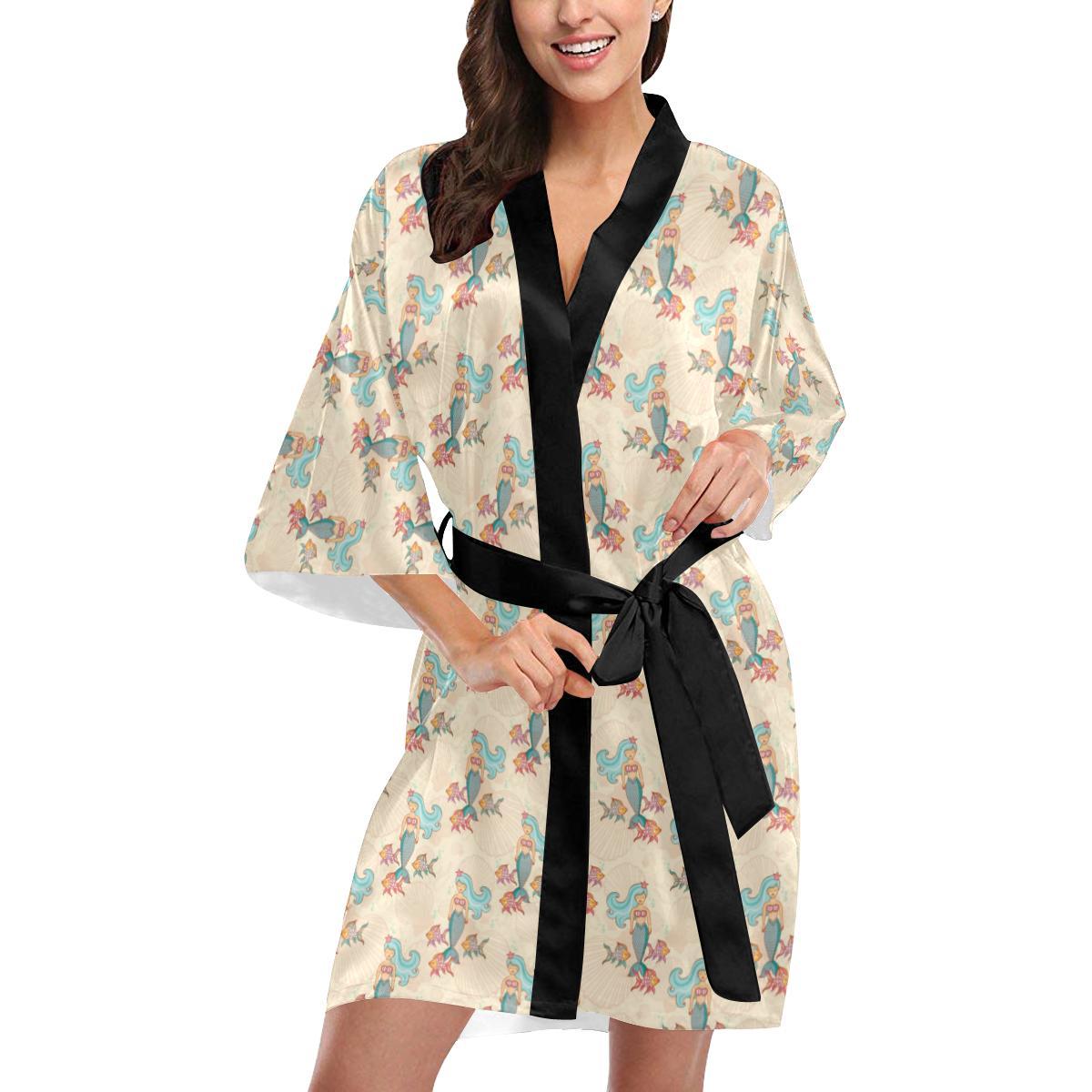 Mermaid Girl With Fish Design Print Women Short Kimono Robe
