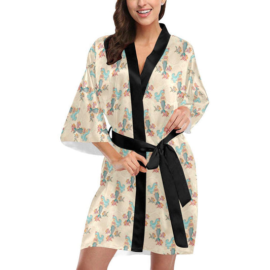 Mermaid Girl With Fish Design Print Women Short Kimono Robe