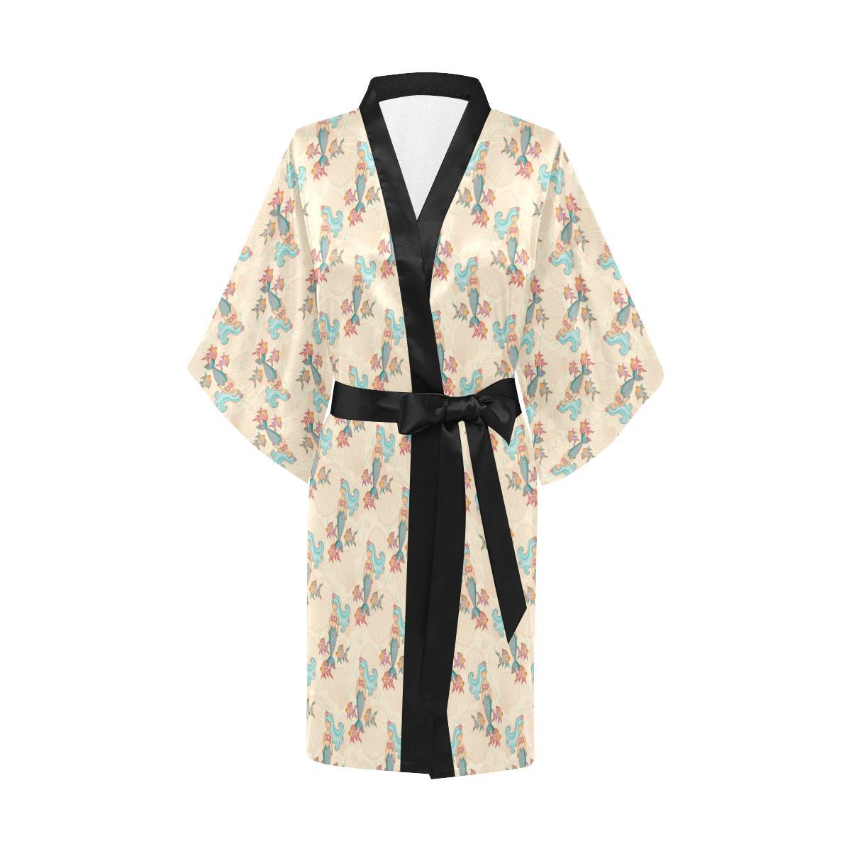 Mermaid Girl With Fish Design Print Women Short Kimono Robe