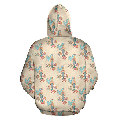 Mermaid Girl With Fish Design Print Zip Up Hoodie