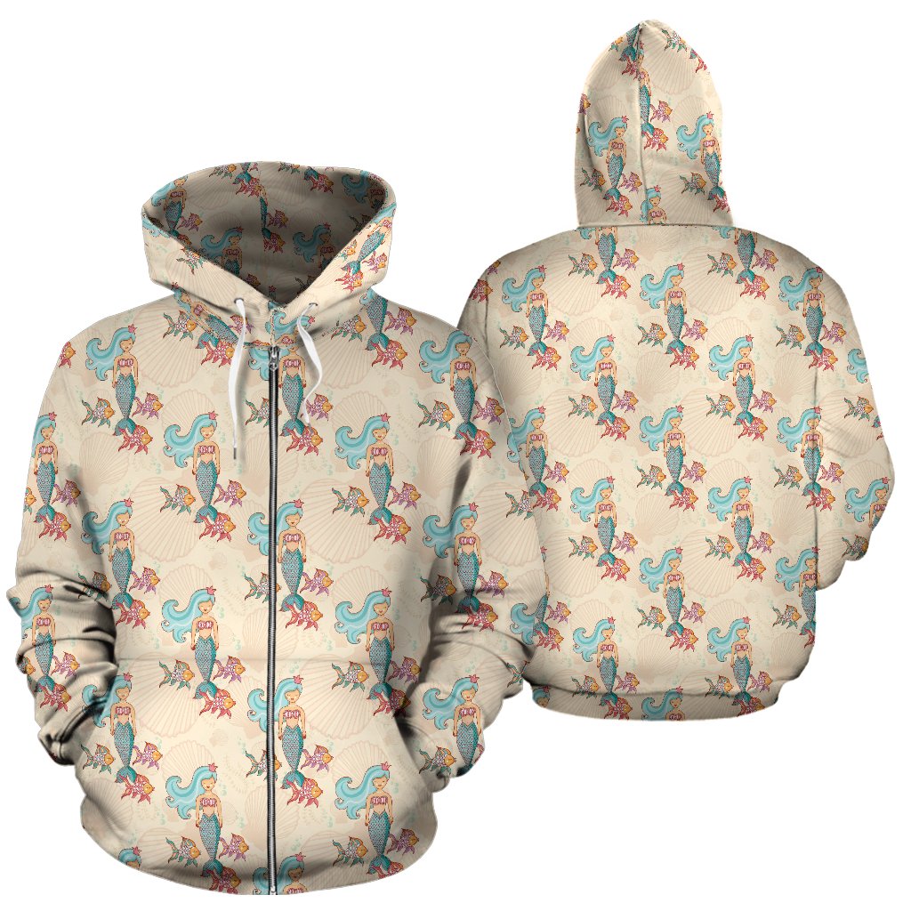 Mermaid Girl With Fish Design Print Zip Up Hoodie