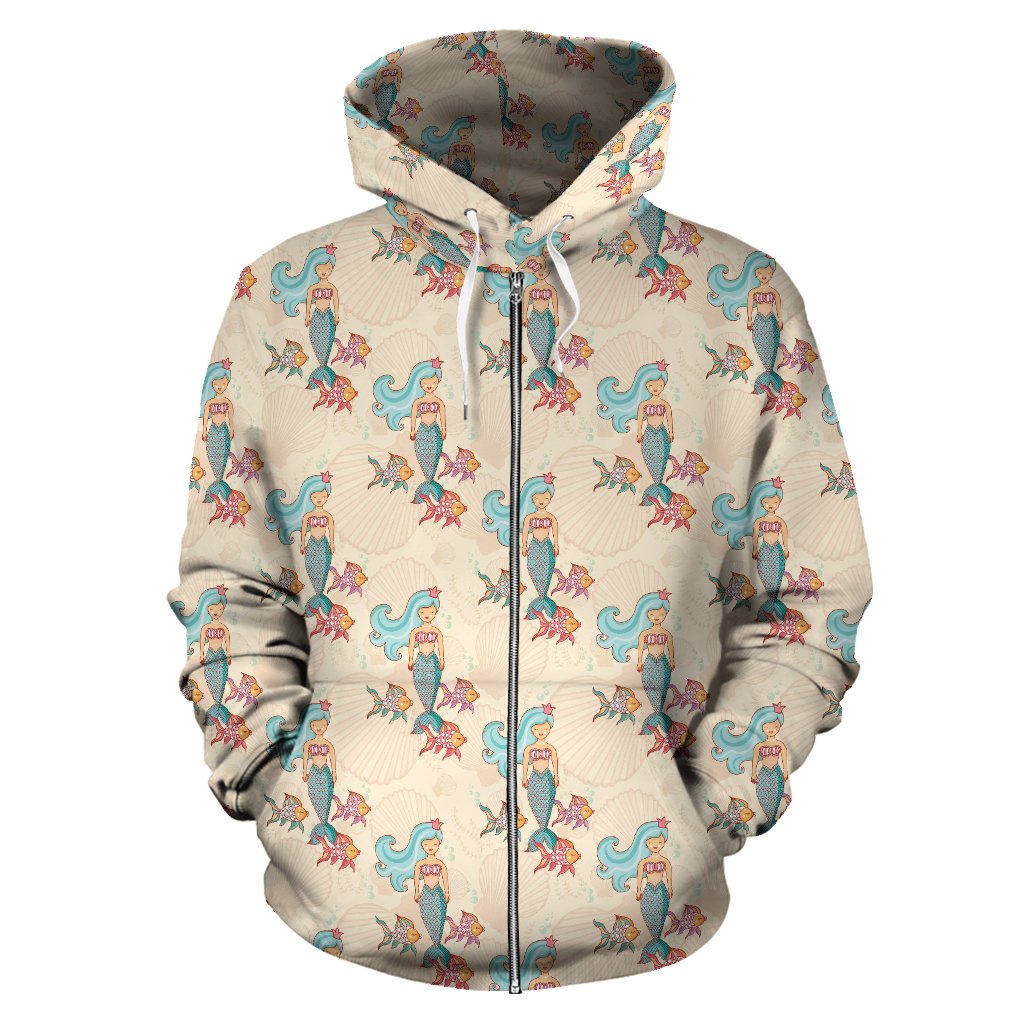 Mermaid Girl With Fish Design Print Zip Up Hoodie