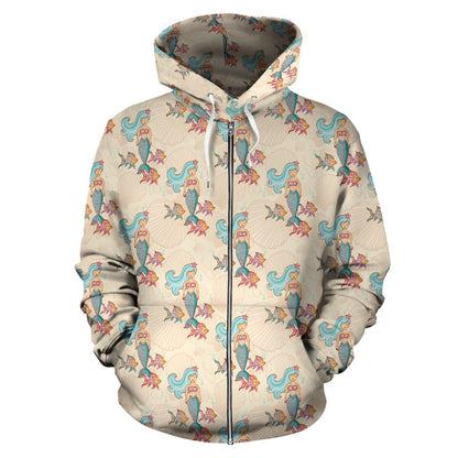 Mermaid Girl With Fish Design Print Zip Up Hoodie