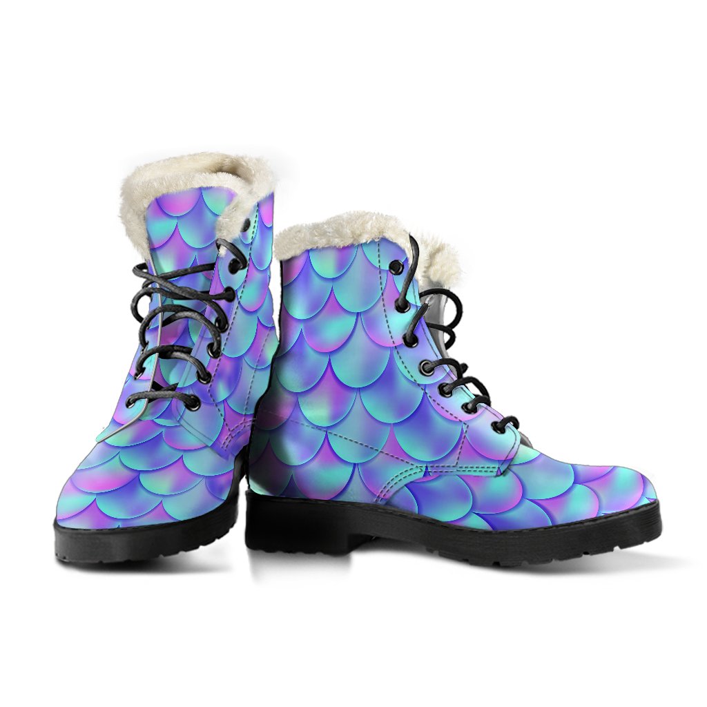 Mermaid Tail Design Print Pattern Faux Fur Leather Boots-JTAMIGO.COM