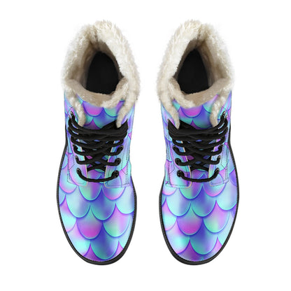 Mermaid Tail Design Print Pattern Faux Fur Leather Boots-JTAMIGO.COM