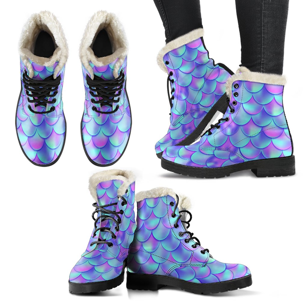 Mermaid Tail Design Print Pattern Faux Fur Leather Boots-JTAMIGO.COM