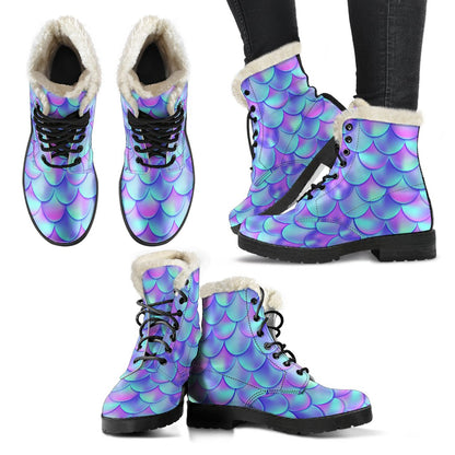 Mermaid Tail Design Print Pattern Faux Fur Leather Boots-JTAMIGO.COM