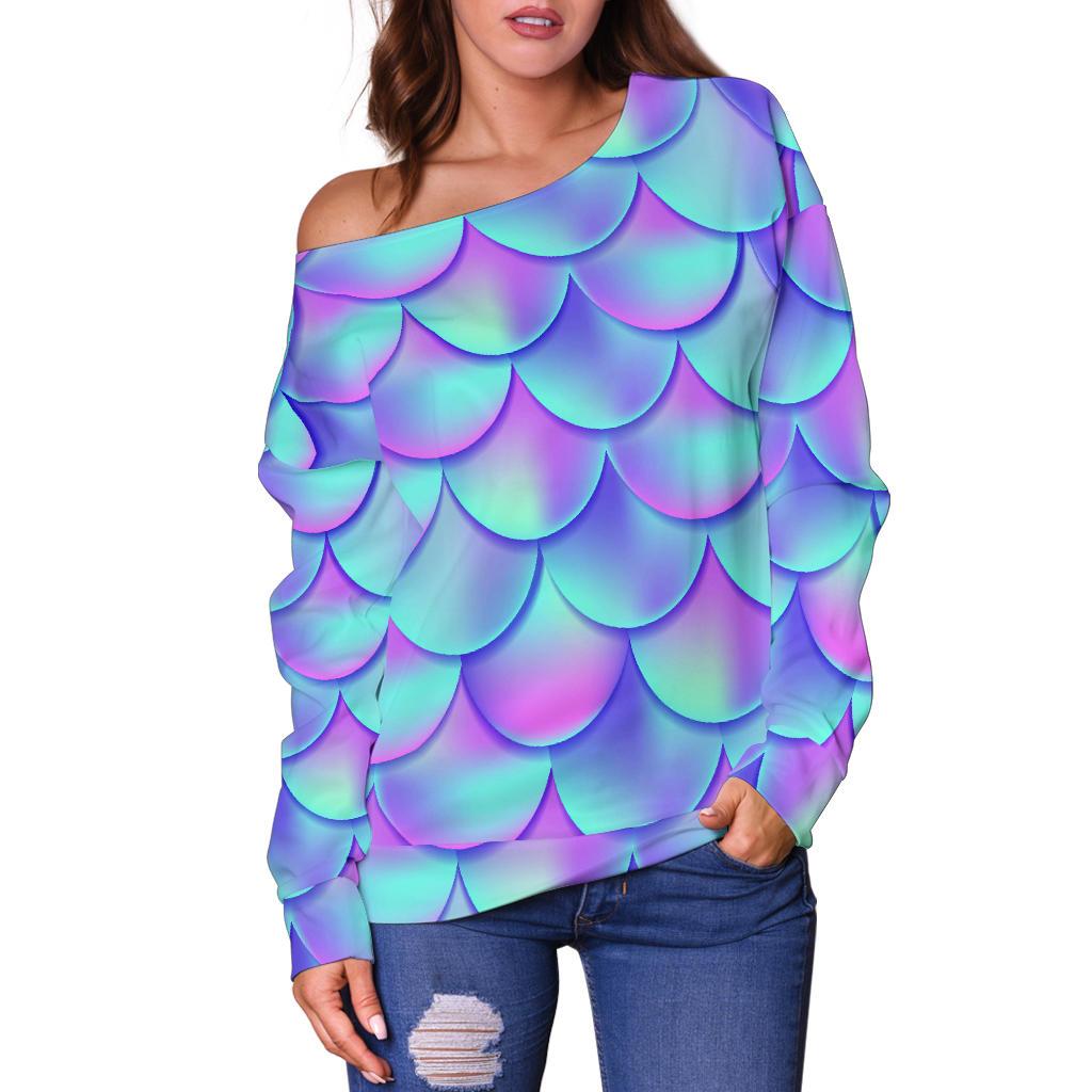Mermaid Tail Design Print Pattern Off Shoulder Sweatshirt
