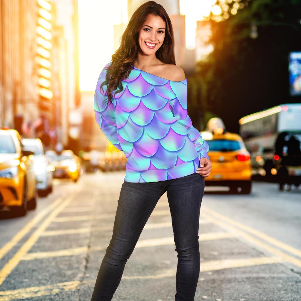 Mermaid Tail Design Print Pattern Off Shoulder Sweatshirt