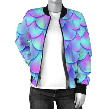 Mermaid Tail Design Print Pattern Women Casual Bomber Jacket
