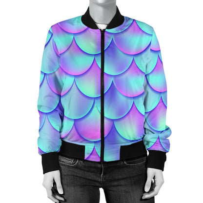 Mermaid Tail Design Print Pattern Women Casual Bomber Jacket