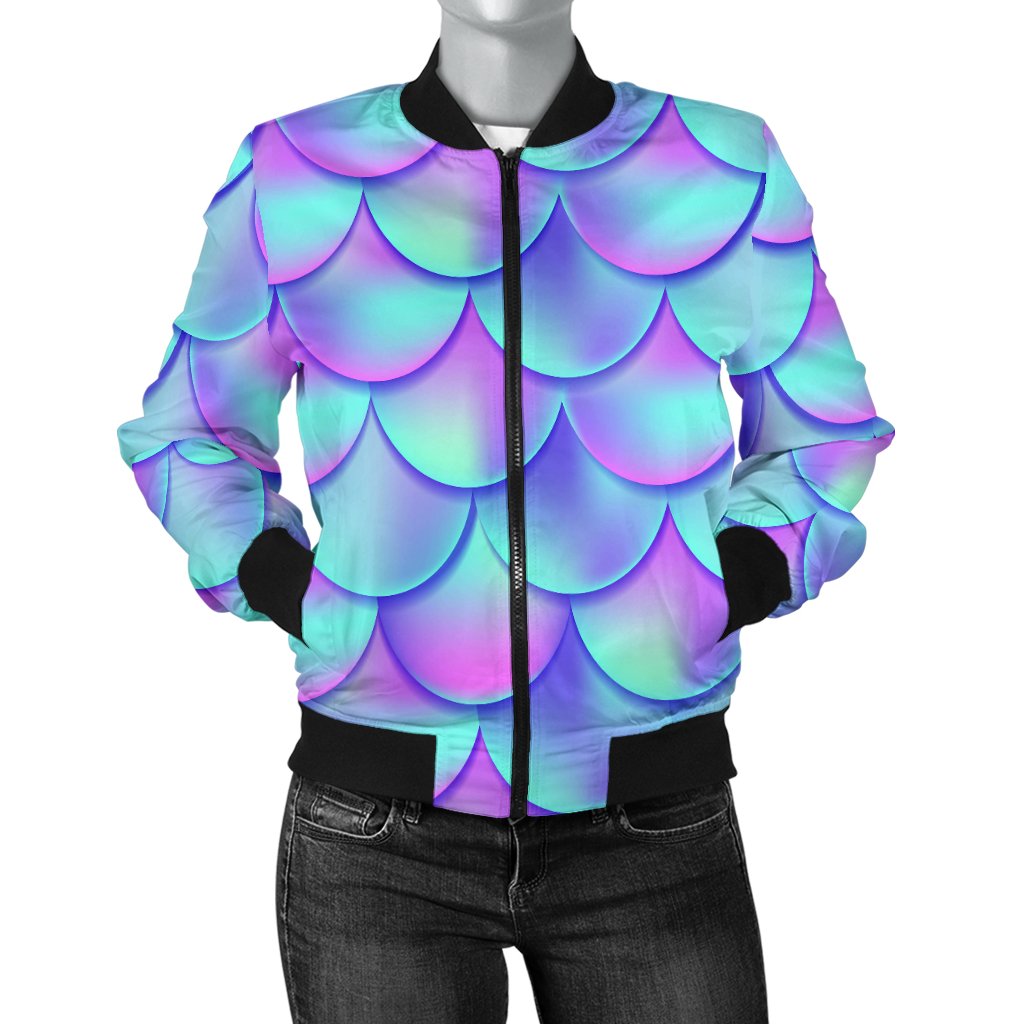Mermaid Tail Design Print Pattern Women Casual Bomber Jacket
