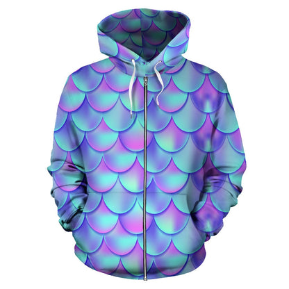 Mermaid Tail Design Print Pattern Zip Up Hoodie