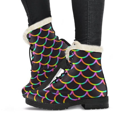Mermaid Tail Rainbow Design Print Faux Fur Leather Boots-JTAMIGO.COM