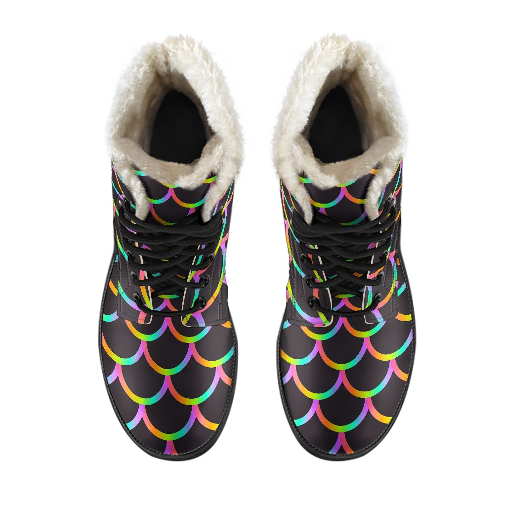 Mermaid Tail Rainbow Design Print Faux Fur Leather Boots-JTAMIGO.COM