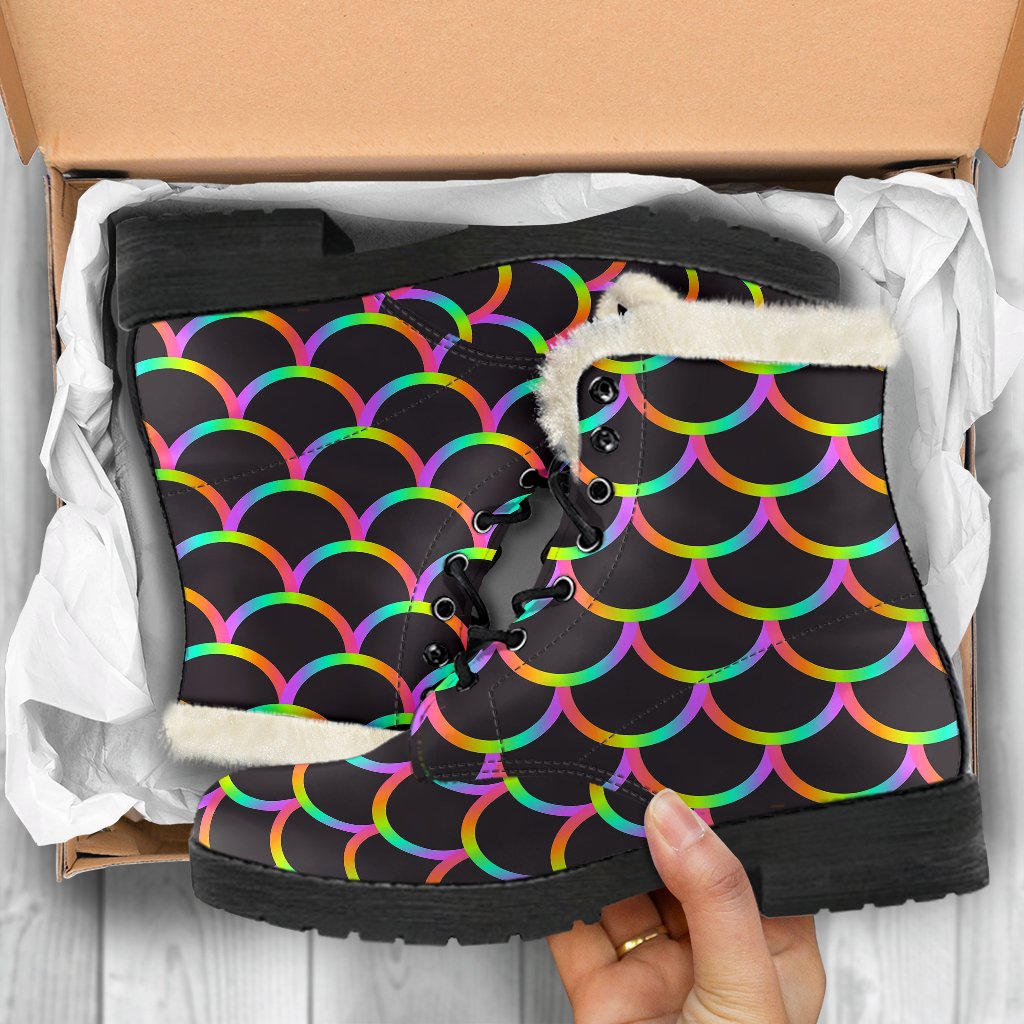 Mermaid Tail Rainbow Design Print Faux Fur Leather Boots-JTAMIGO.COM