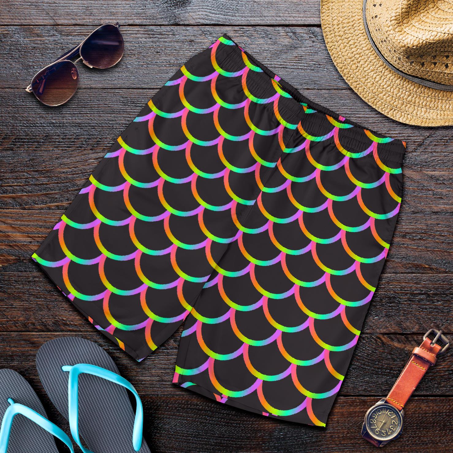Mermaid Tail Rainbow Design Print Mens Shorts-JTAMIGO.COM