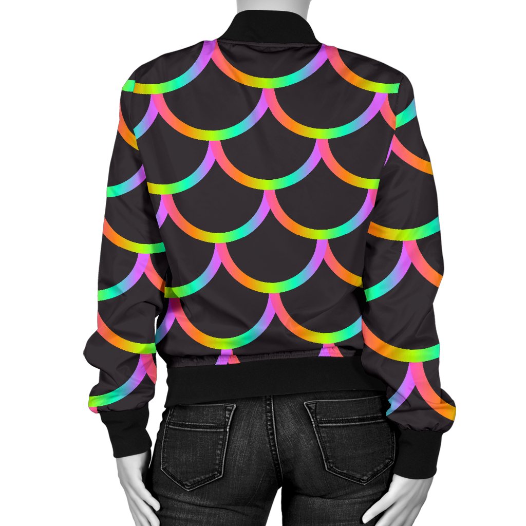 Mermaid Tail Rainbow Design Print Women Casual Bomber Jacket