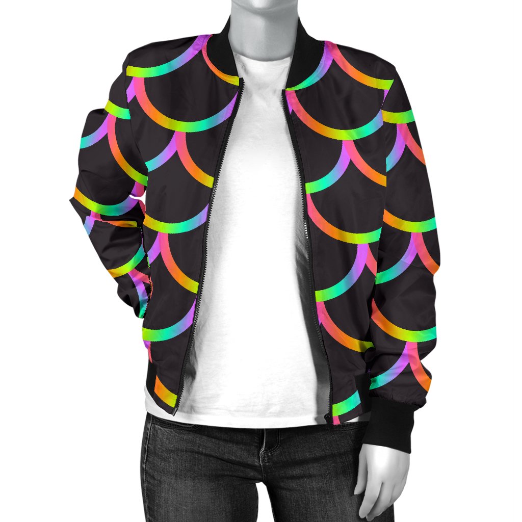 Mermaid Tail Rainbow Design Print Women Casual Bomber Jacket