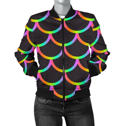Mermaid Tail Rainbow Design Print Women Casual Bomber Jacket