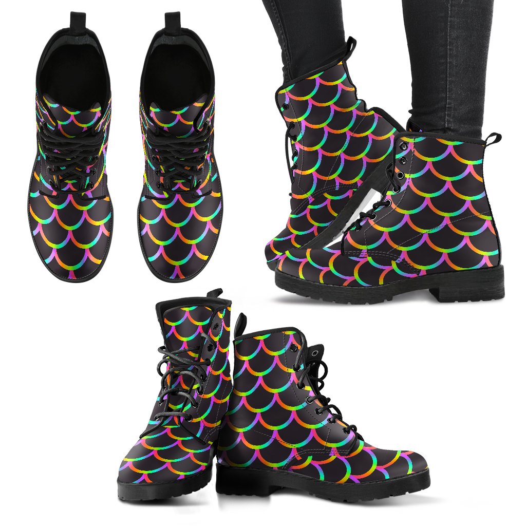 Mermaid Tail Rainbow Design Print Women Leather Boots-JTAMIGO.COM