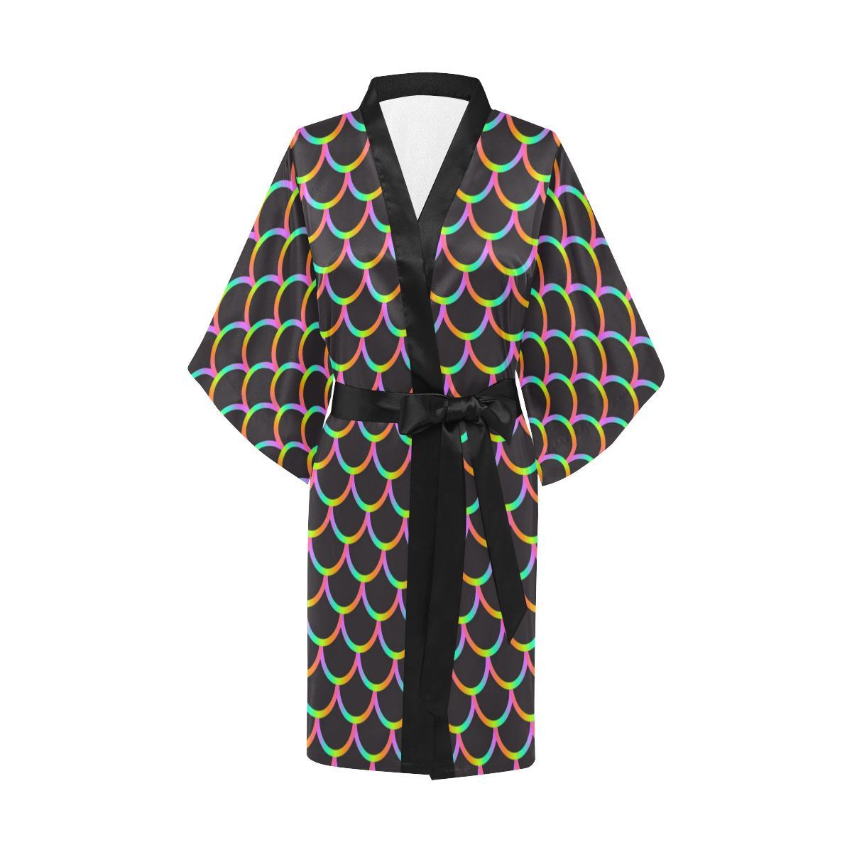 Mermaid Tail Rainbow Design Print Women Short Kimono Robe