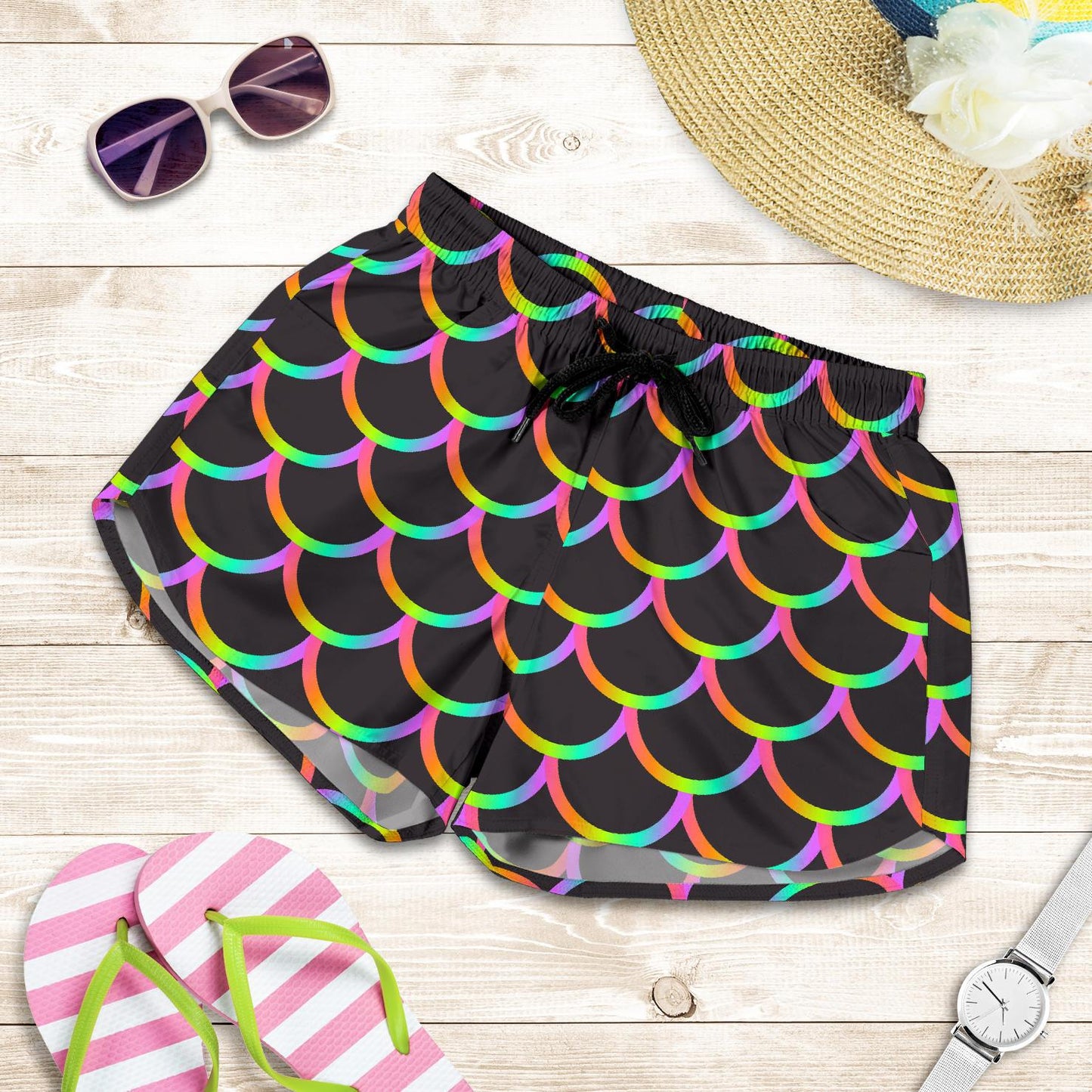 Mermaid Tail Rainbow Design Print Women Shorts-JTAMIGO.COM