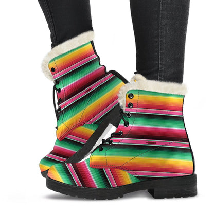 Mexican Blanket Classic Print Pattern Faux Fur Leather Boots-JTAMIGO.COM